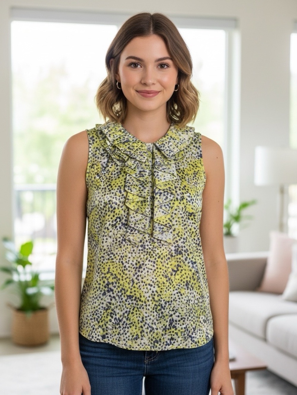 New York & Company dots sleeveless blouse yellow chartreuse gray ruffle button 2